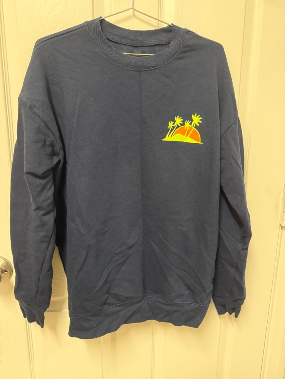 Original Use Navy Crewneck Sweater with Yellow & Orange Island Graphic